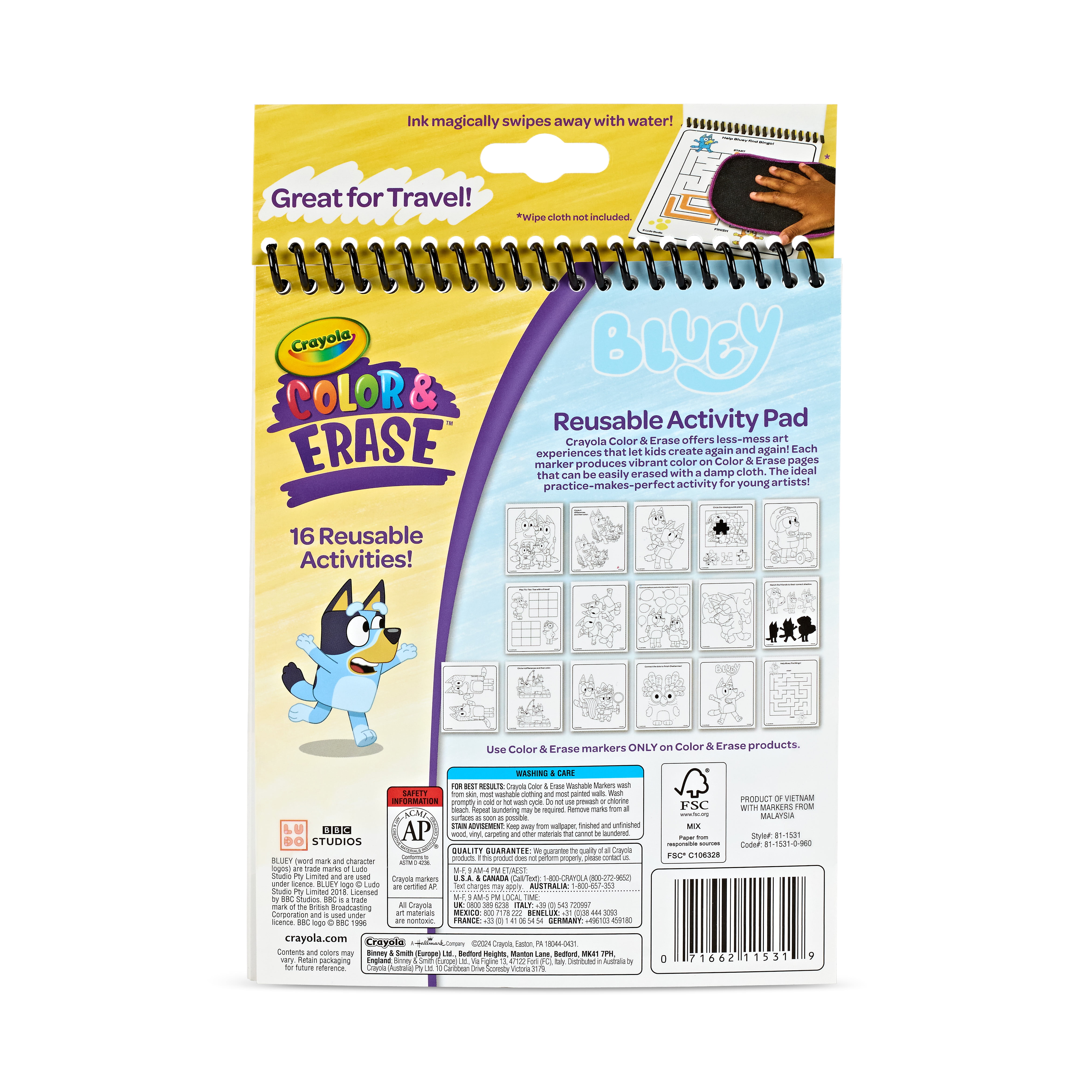 (3 pack) Crayola Bluey Color and Erase Reusable Activity Pad, Toddler Craft, Bluey Coloring, Bluey Gift for Kids