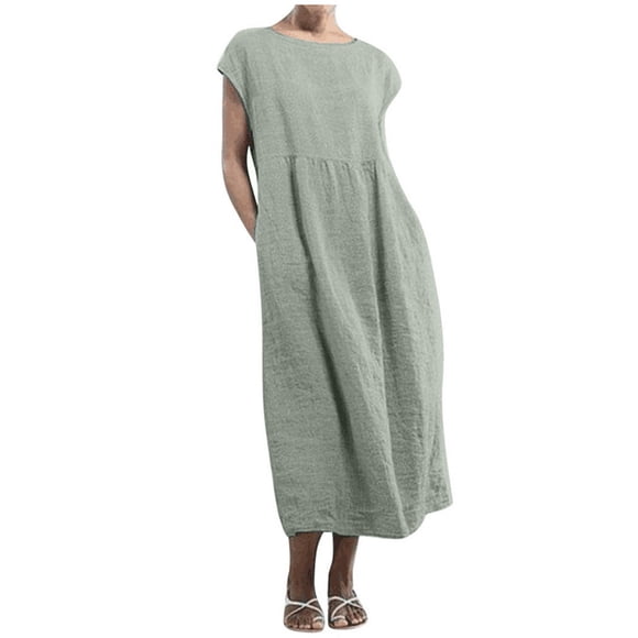 Cotton Maxi Dress for Women Solid Retro Boho Clothing Beach Long Sleeve Button Tiered Ruffle Swing Vacation Summer Round Neck Sundress Gray XL