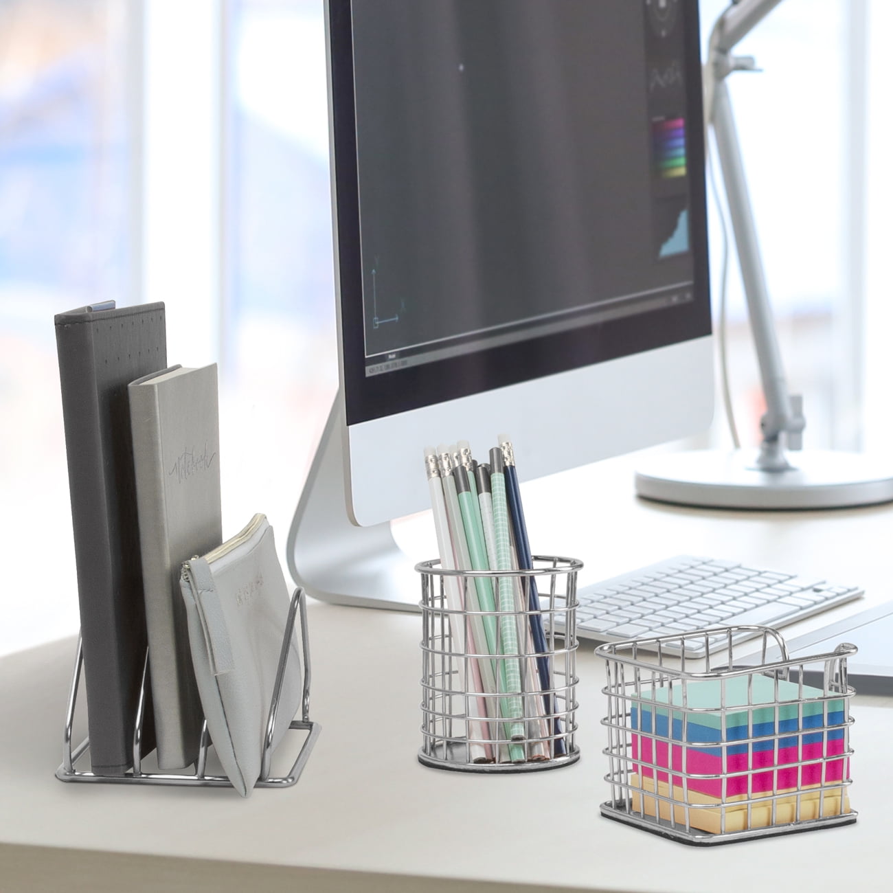 Wire Metal 5 in 1 Desk Organizer Set, Silver
