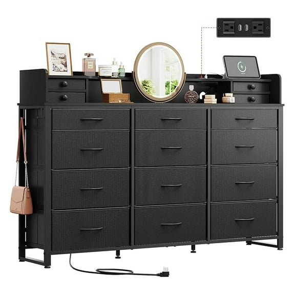 55''W Storage Organizer Unit with Charging Station, Black Storage Drawers Organizer with 16 Fabric Drawers & 3 Open Shelves, Large Storage Tower Organizaton