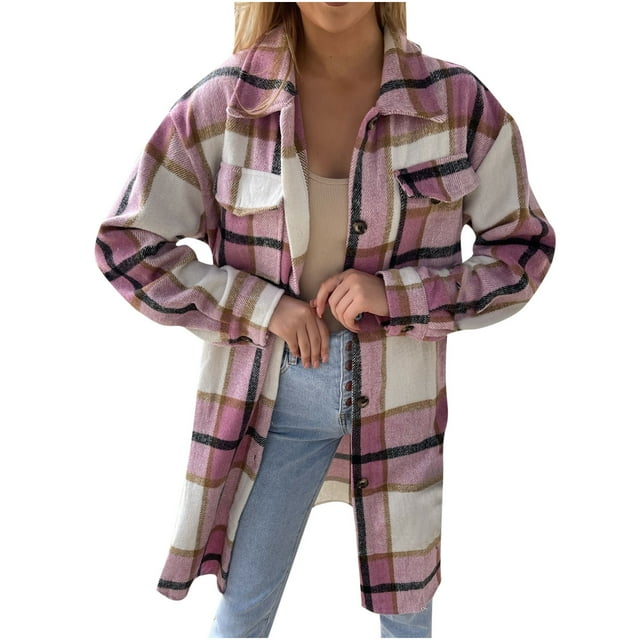 Flywake Womens Casual Plaid Wool Blend Button Down Long Sleeve Shirt Jacket Shackets Pocketed Coats