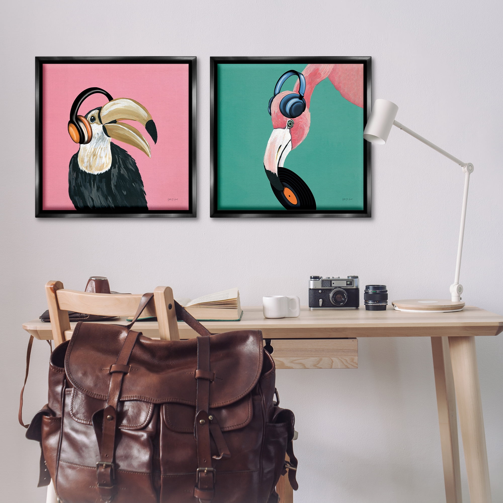 Stupell Industries Toucan and Flamingo Musical Pals Animals Painting Black Floater Framed Canvas Art Print Wall Art, 25 x 25, Set of 2
