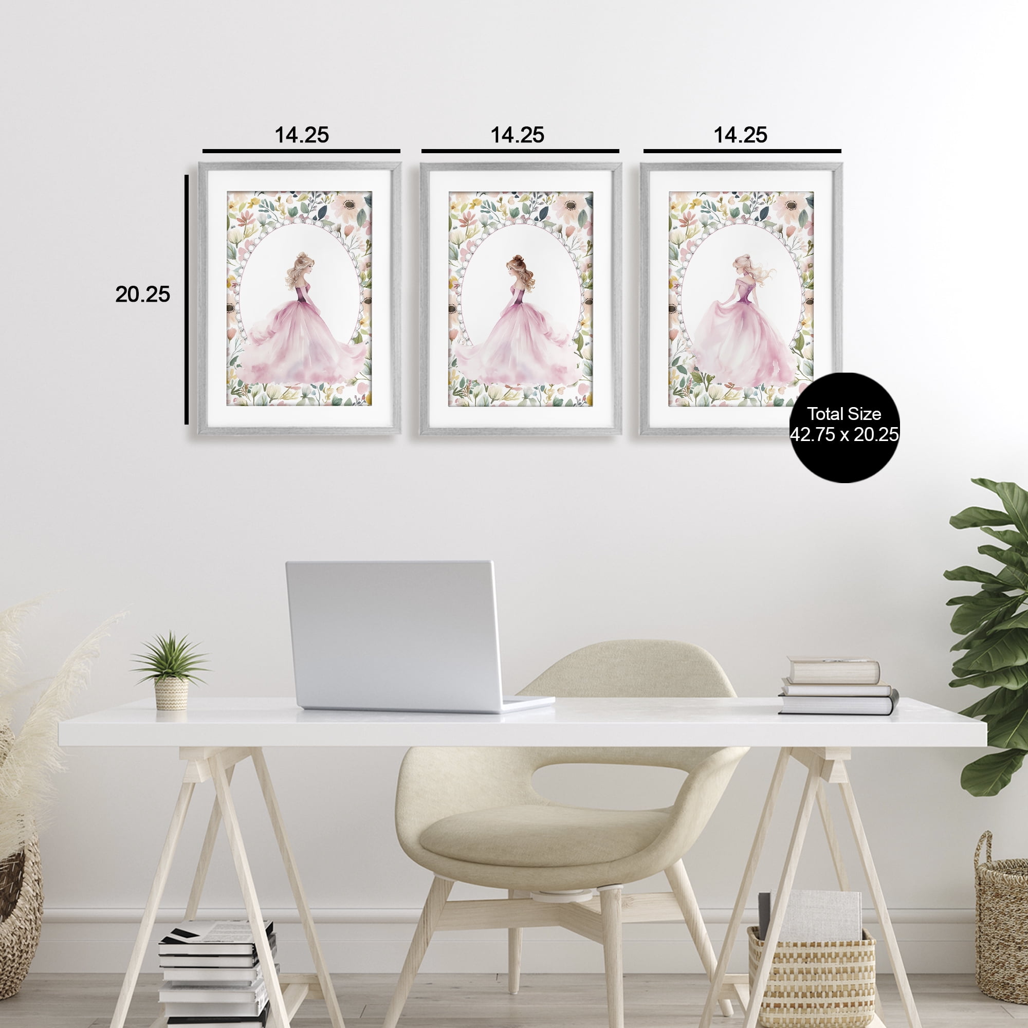 Stupell Industries Bordered Princess Love 3 Piece Gray Framed Print Under Glass Set, design by Christine Simpson Art