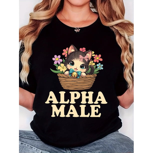 Women'S T-Shirt, "Kitty ALPHA MALE in a Flower Basket" Print, Retro Minimalist Fashion, Crew Neck, Casual Comfort, Sports Short Sleeve T-Shirt