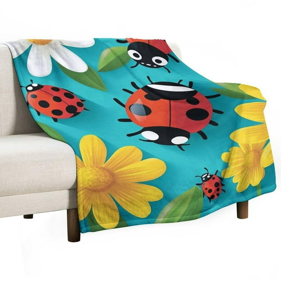 Ladybugs & Daisies Print Flannel Blanket Lightweight Blanket for Couch Sofa Bed, Super Soft Cozy Print Warm Blanket