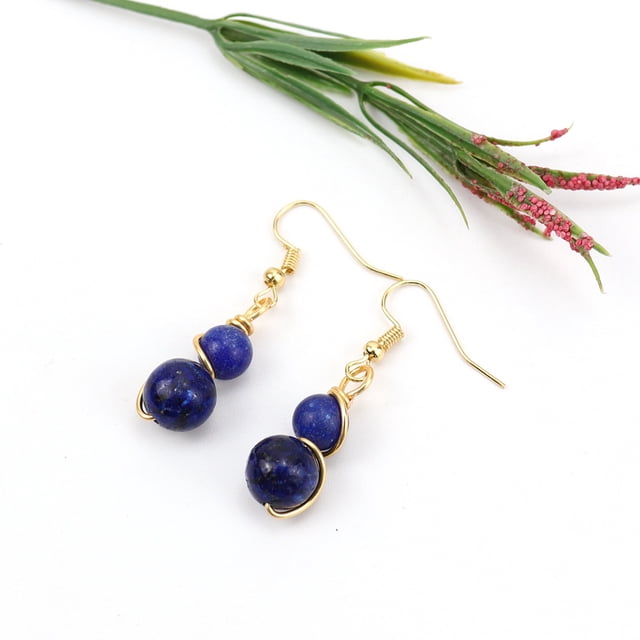 Nvzi Pendientes personalizados, cuentas redondas de piedra de cristal hechas a mano, pendientes envueltos en alambre de cobre dorado, pendientes elegantes de estilo largo con cuentas (azul)