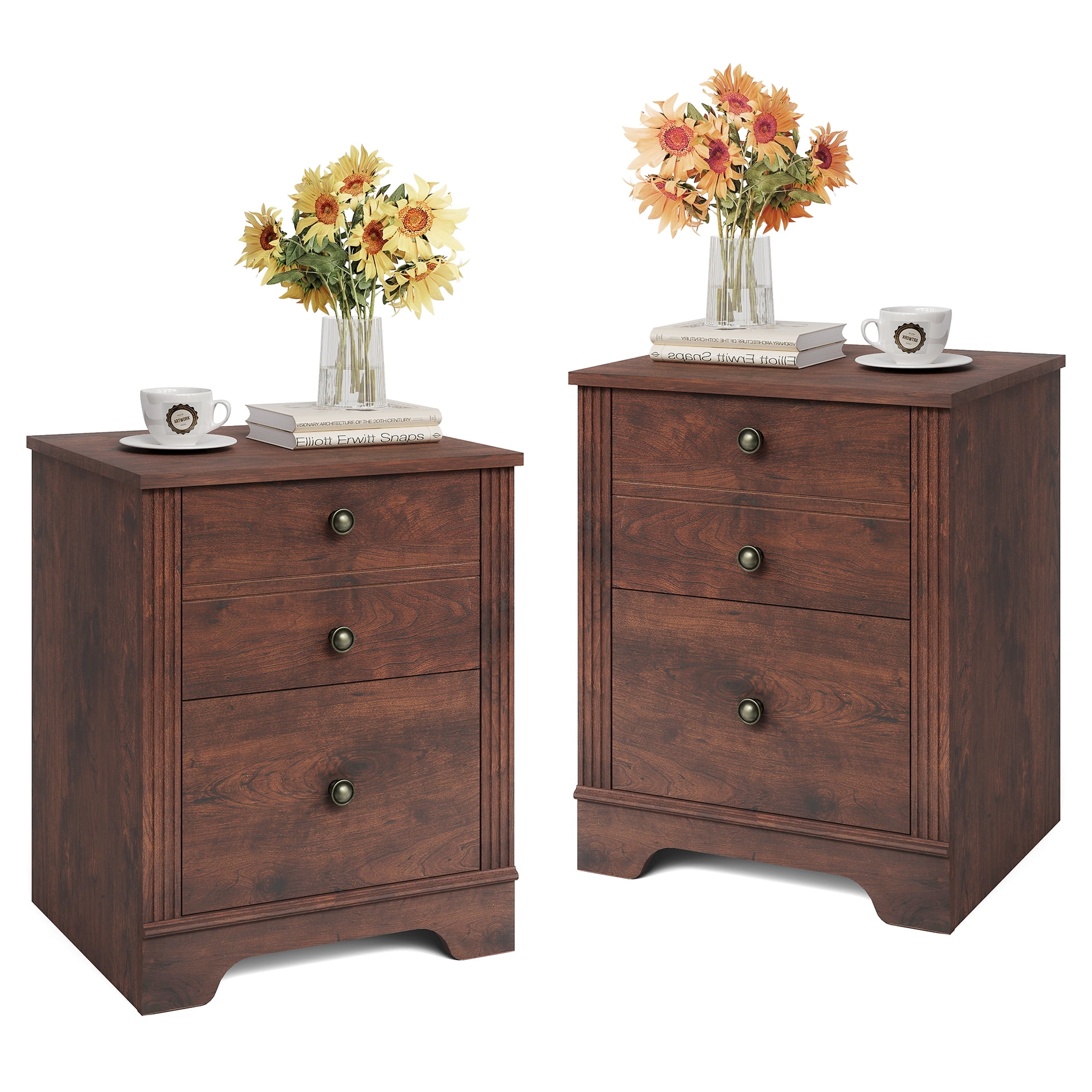 Nightstands Set of 2, Bedroom Walnut Brown Bedside End Side Table with