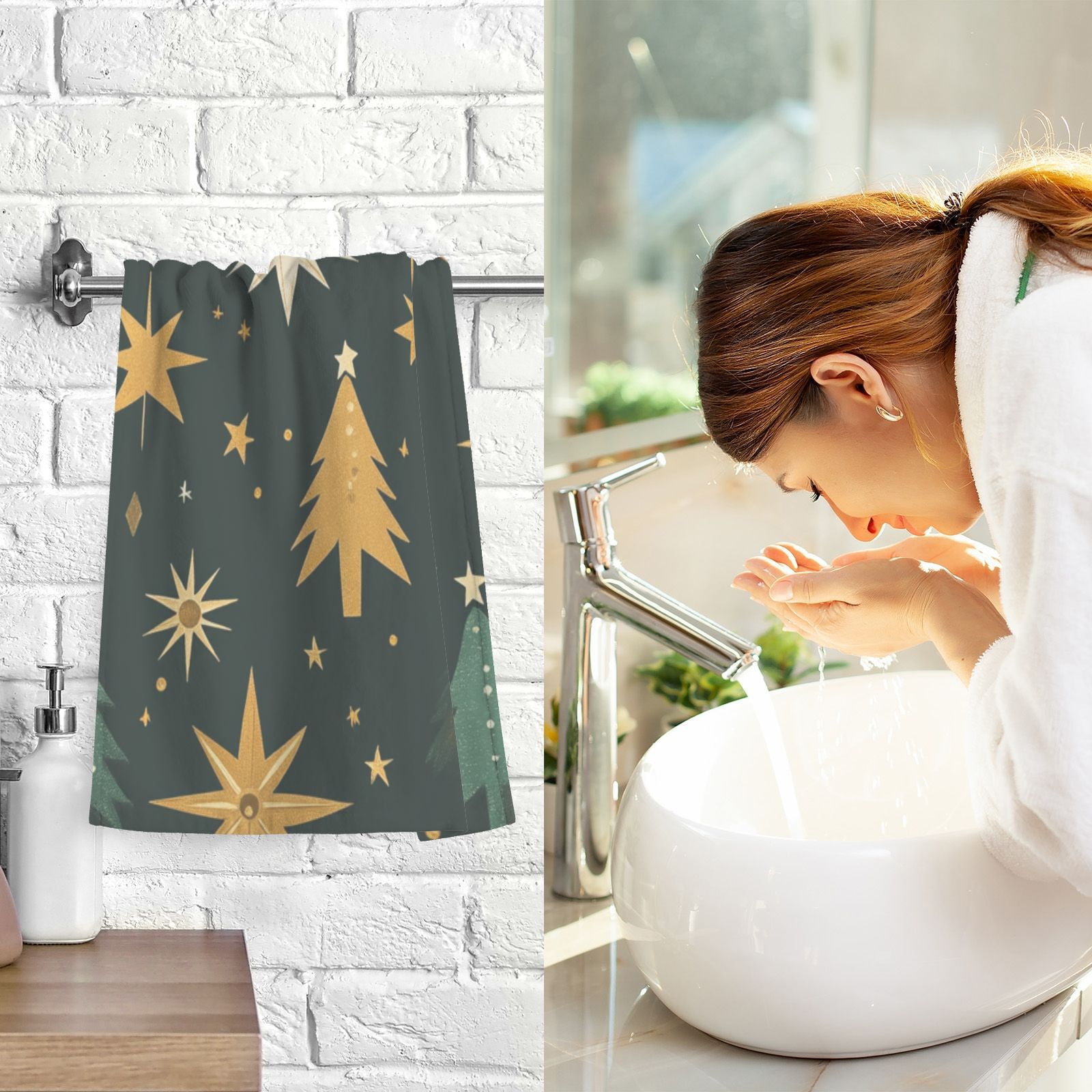 Stars and Christmas Trees Hand Towels Cotton Bath Towels Large Face Towels Absorbent for Bathroom 2 Packs