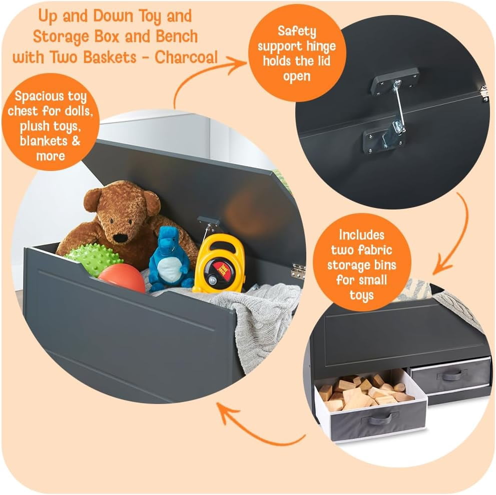 Toy Box and Storage  with Reversible Baskets - Charcoal Kids Organizer