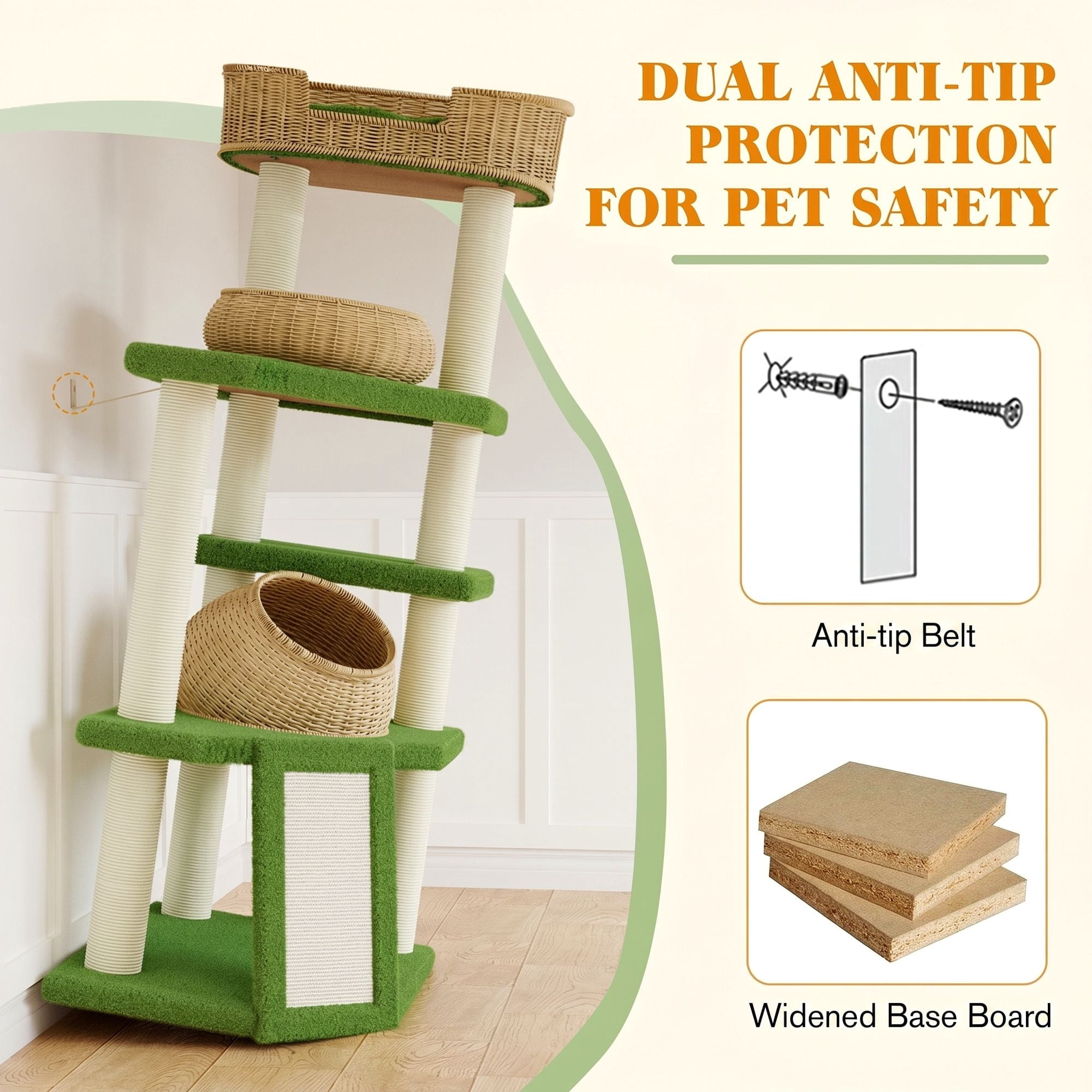 Amolife 57"Large Cat Tree Tower with Teddy Fleece Rattan Condo, Scratching Ramp and Posts for Indoor Cats and Kittens, Green