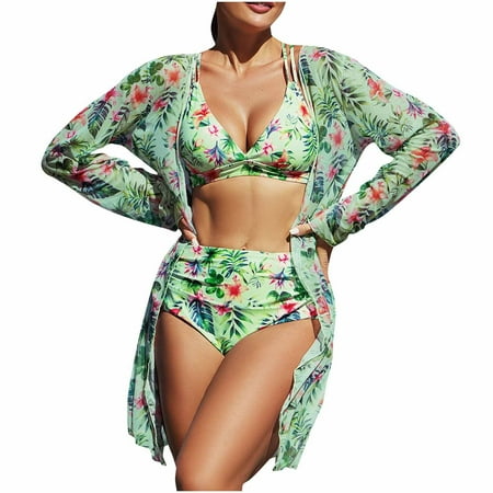 Lime Green Floral Micro Bikini Sets for Women Beach Match Casual Tops Swimwear Micro Bikini Tankini Kimono Cover Up Shorts Set Ladies S