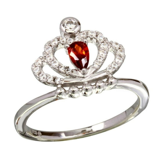 Polished Rhodium Plated 925 Sterling Silver Red Crown Ring Band Cubic Zirconia Jewelry Female Size 5