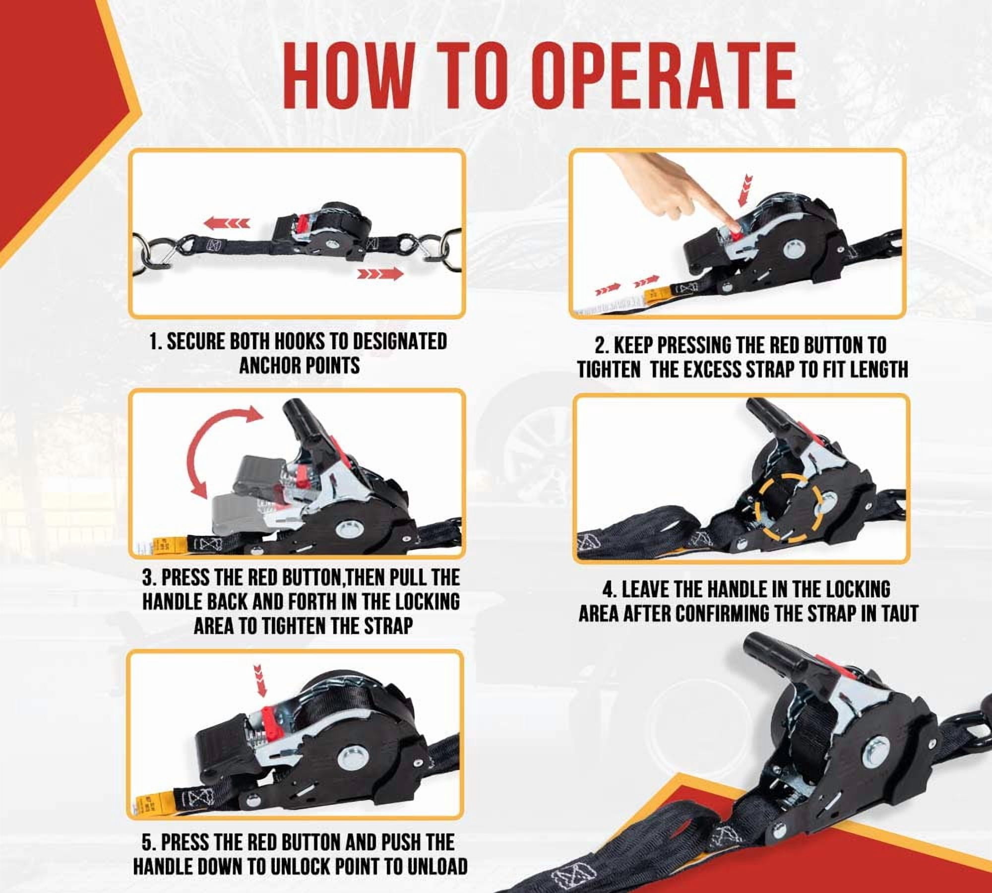 4 Auto Retract NO-RATCHETING Ratchet Straps | 1" x 12' Retractable Ratchet Straps with Coated S Hook Tiedowns for Motorcycles, ATVs, Bikes: Tight & Secure Pickup Trailer Tie-Down