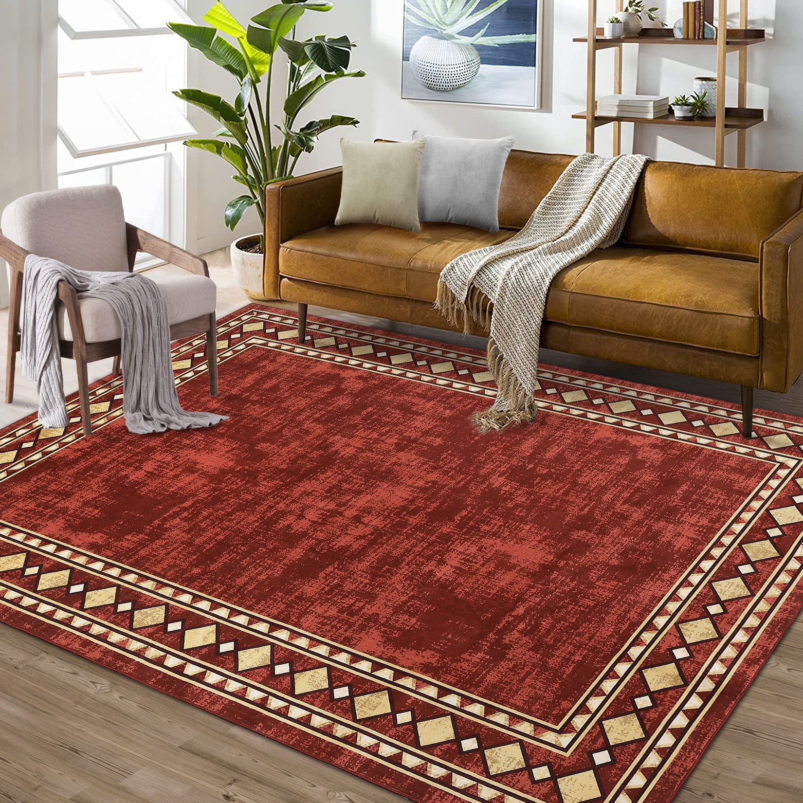 Hasoo Large Area Rug 9' x 12' Rug for Living Room Bedroom Border Non-Slip Washable Accent Indoor Neutral Carpet Red