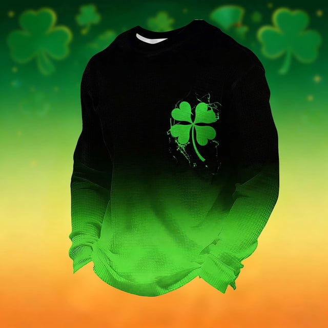 Ceisia Men's Loose Fit Waffle Knit Sweatshirt - St. Patrick's Day Gradient Festive Print Green L Gifts