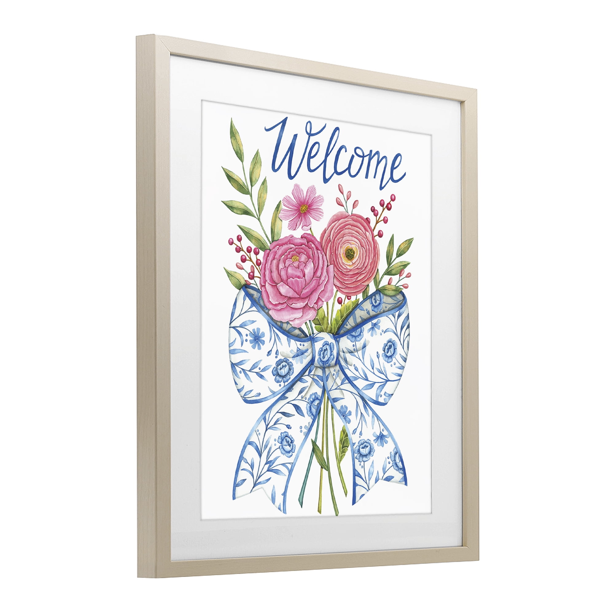 Stupell Industries Bow & Flowers Welcome Birch Framed Print Under Glass, design by Deb Strain