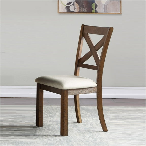 JERFIT Transitional Dining Chairs Set of 2, Brown X-Back Wooden Side Chairs with Beige Upholstered Seats for Kitchen Dining Room
