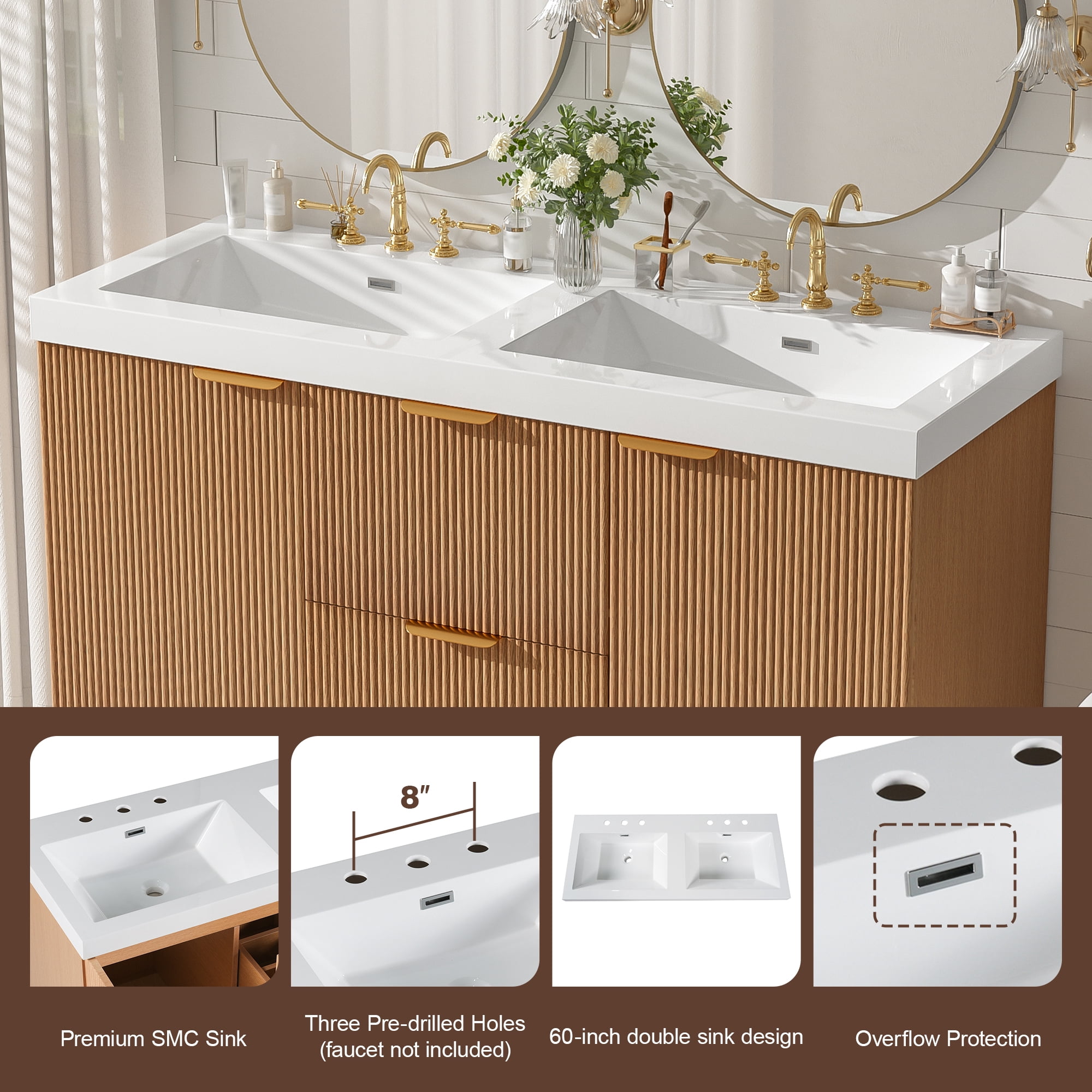 Harper & Bright Designs 47.24'' Fluted Bathroom Vanity with Double Ceramic Sink, Wall-Mounted Bathroom Sink Storage Cabinet with Doors & Drawers, Freestanding Bathroom Vanity Cabinet with Sink, Wood