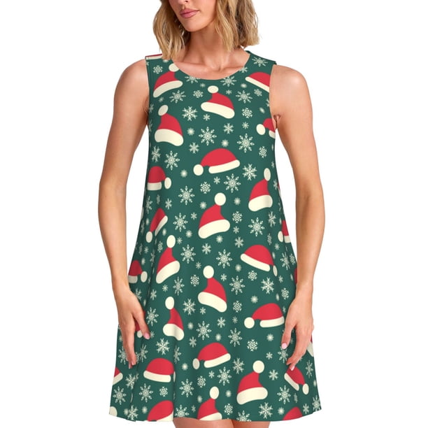 Easygdp Santa Hat Joy Green Festive para Vestido Transpirable de Mujer, Vestido Suelto de Manga Corta con Pliegues y Bolsillos para el Verano
