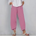 thumbnail image 2 of Ashirexll Capri Pants for Women Casual 2024 Fall Drawstring Elastic High Waist Linen Pants Wide Leg Plus Size Lounge Capris Style C Pink L, 2 of 5