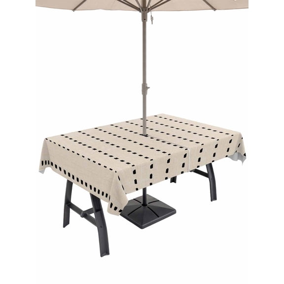 Outdoor Tablecloth with Umbrella Hole and Zipper, Farmhouse Black Dotted Line Rectangle Waterproof Table Cover 60x84in Washable Table Cloth for Patio Picnic Party Rustic Beige Burlap Linen