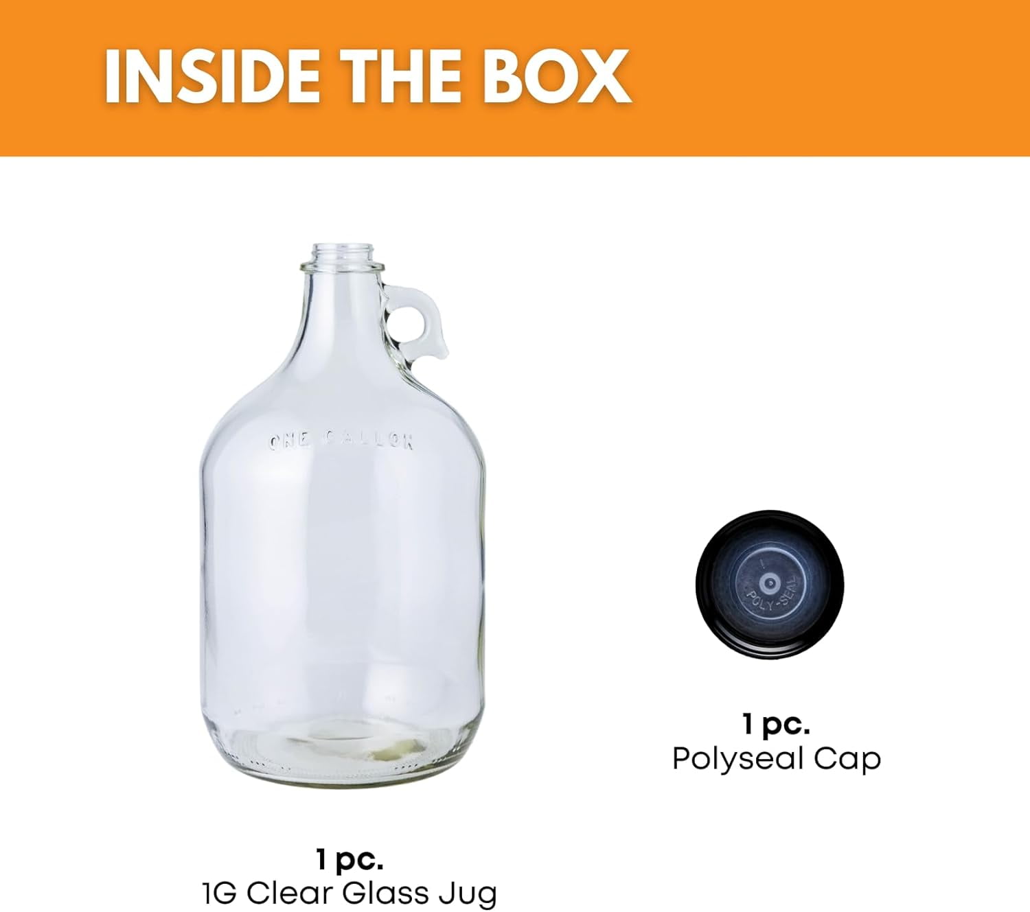 Glass Water Bottle Includes 38 mm Polyseal , 1 gallon acity, Clear