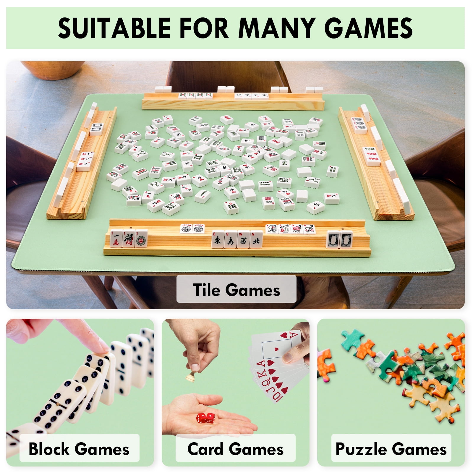 Soothing Mahjong Mat with Carrying Bag, Macaron Green Noise Reducing Anti-Slip Pad for Game Nights, Premium Velvet Bag for Cards & Board Games