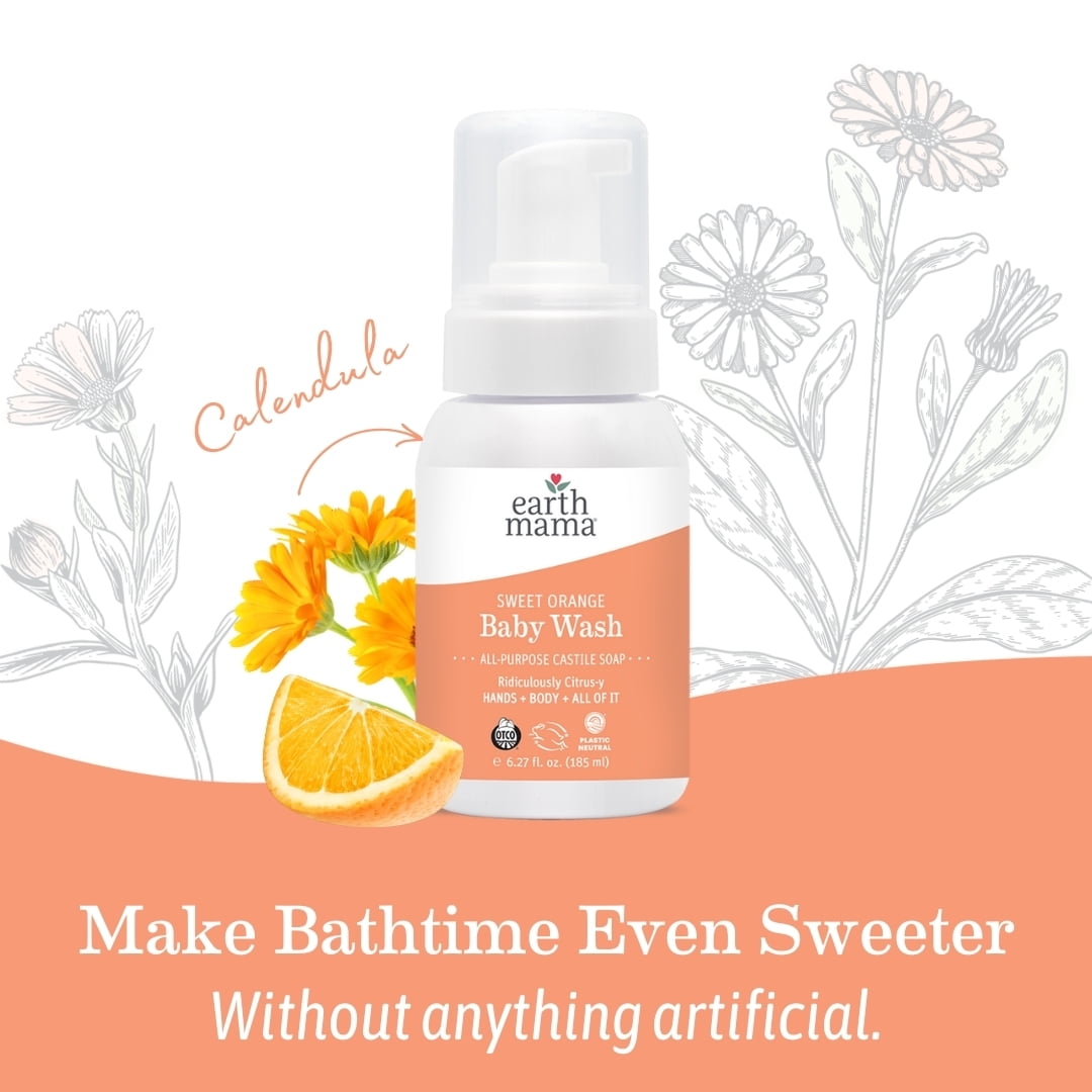 Earth Mama Sweet Orange Baby Wash, Castile Soap for Sensitive Skin, Sweet Orange, 6.27 fl oz