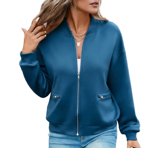 hoksml Women's Full Zip Jacket, Ribbed Collar Long Sleeve Zip Up Outerwear with Zipper Pockets, Oversized Loose Fit Solid Color Casual Coat