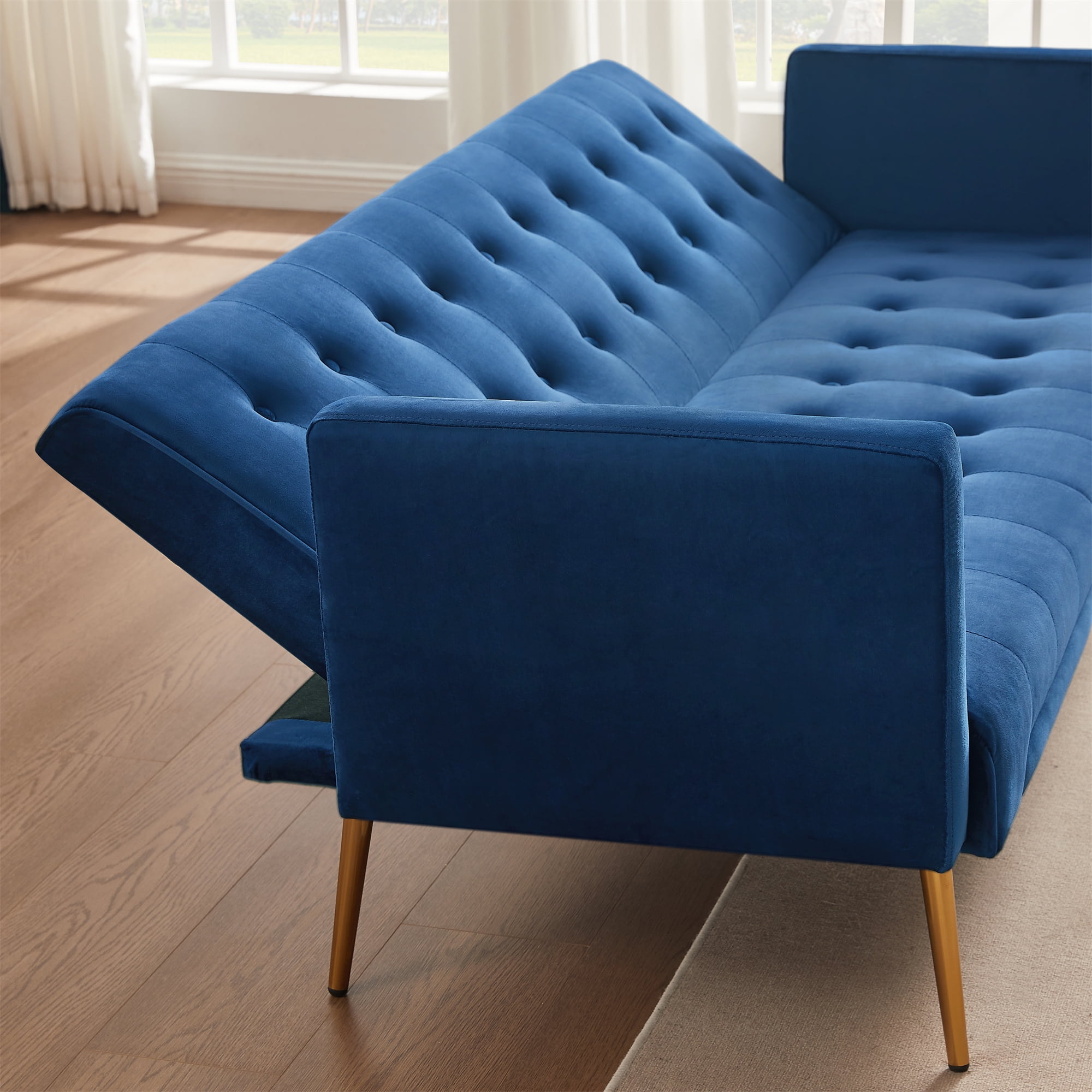 Bianlte Modern Velvet Futon Sofa Bed,Convertible Sleeper Sofa Couch with 3 Adjustable Couch Loveseat with Metal Leg for Living Room and Bedroom,Blue