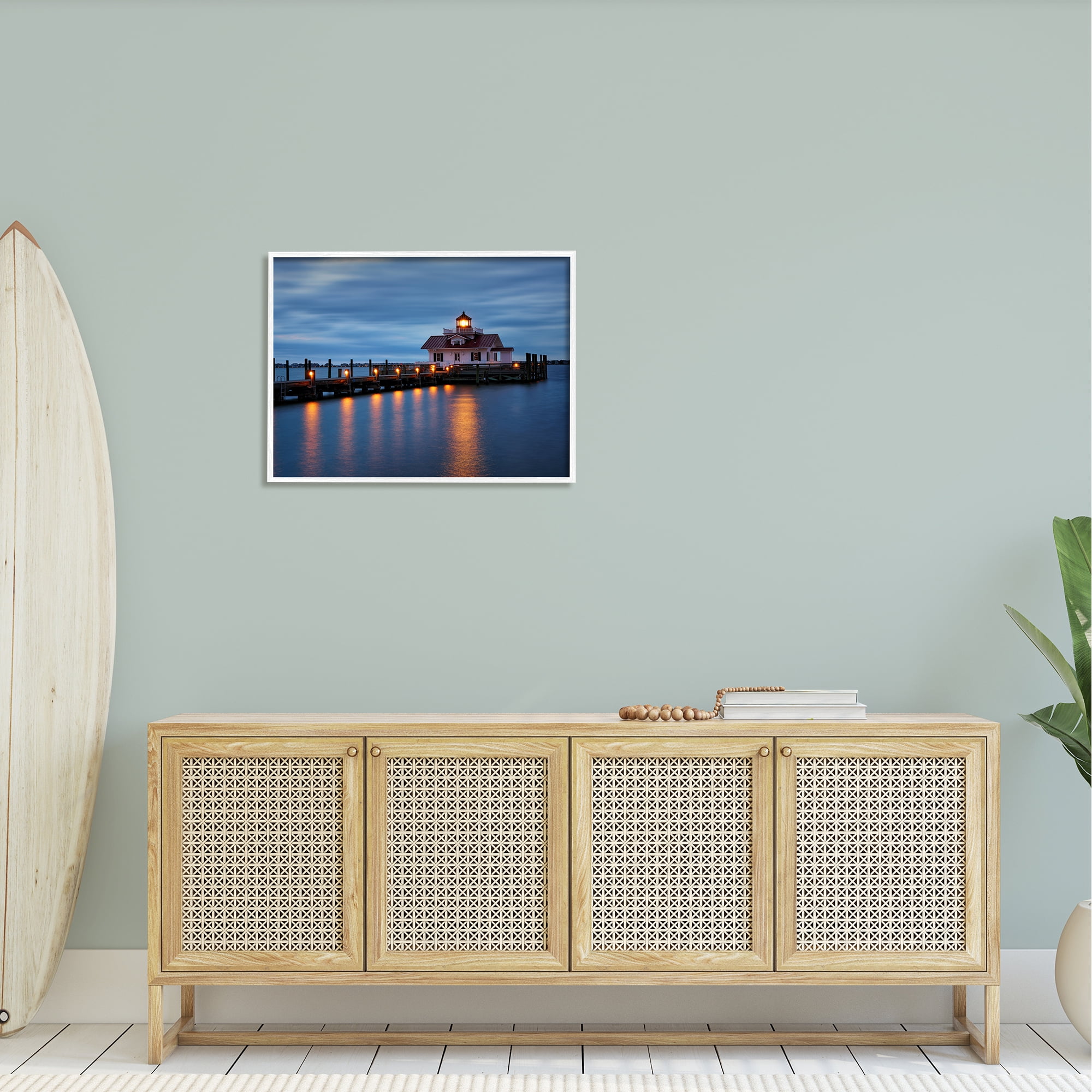 Stupell Calm Nighttime Bridge Coastal Lights Landscape Photography White Framed Art Print Wall Art