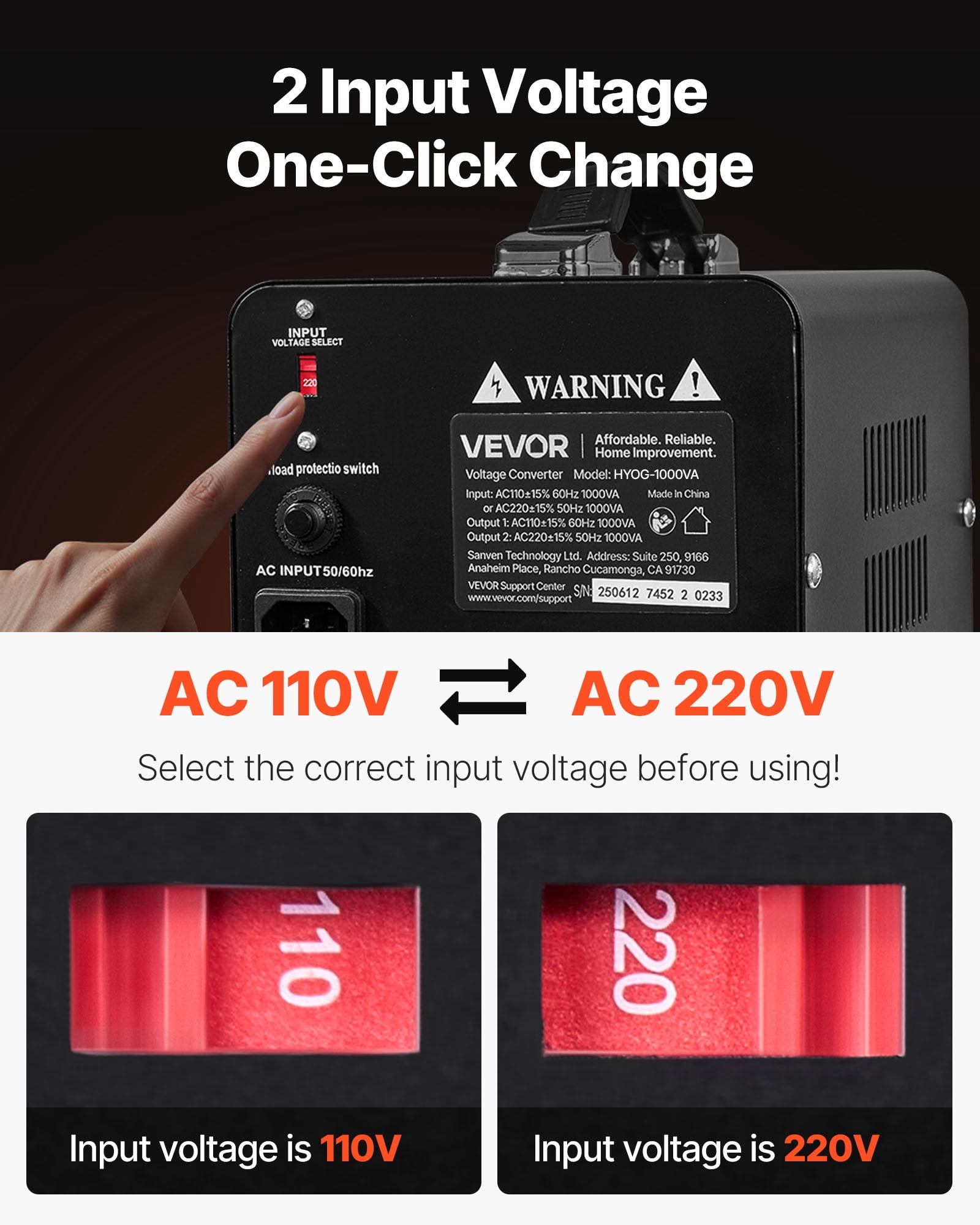VEVOR Voltage Converter Transformer, 1000W, Heavy Duty Step Up/Down Power Transformer, Convert from 110V to 220V and 220V to 110V, with US Outlets, EU Outlets,Power Cord,Circuit Breaker Protection