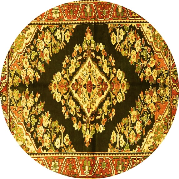 Ahgly Company Machine Washable Indoor Round Medallion Yellow Traditional Area Rugs, 8' Round