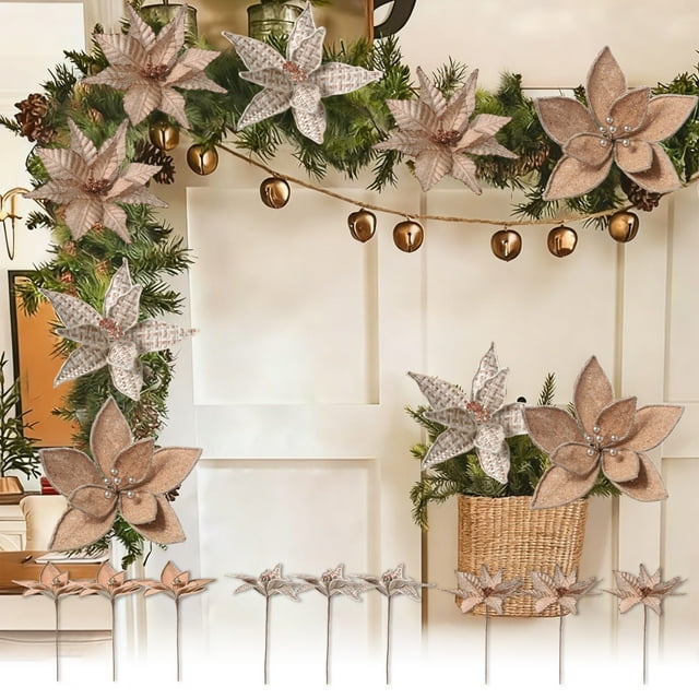 Flores Artificiales De Plástico Ramo artificial de 3 flores de Nochebuena con purpurina de terciopelo navideño para árbol y decoración del hogar Rkxzt
