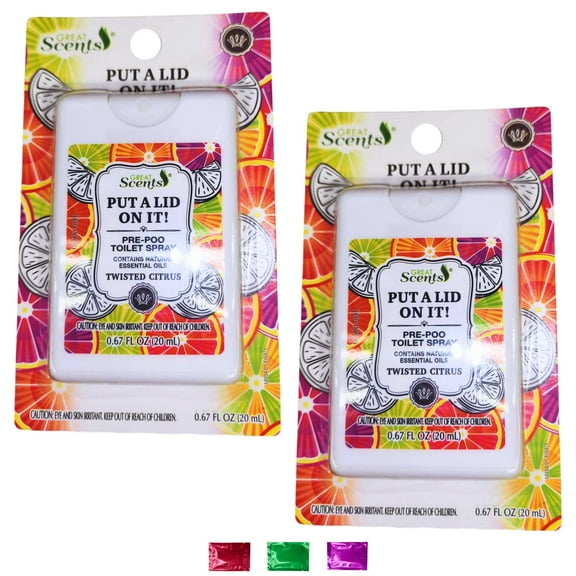 Great Scents Put a Lid on It! Pre-Poo Toilet Spray 2 Pack, Twisted Citrus Scent 0.67 fl oz, Travel Size Odor Eliminator with Essential Oils Bathroom Air Freshener w/Bonus Snoep in Beperkte Oplage