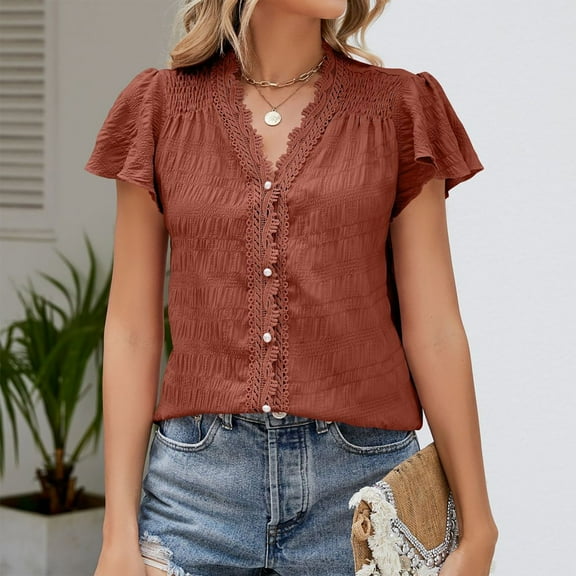 Wycnly Womens Blouses and Tops Dressy Casual Lace Trim Ruffle Sleeve Lightweight Button Down Tshirts Summer Solid V-Neck Short Sleeve Cute Tees Tops Orange l