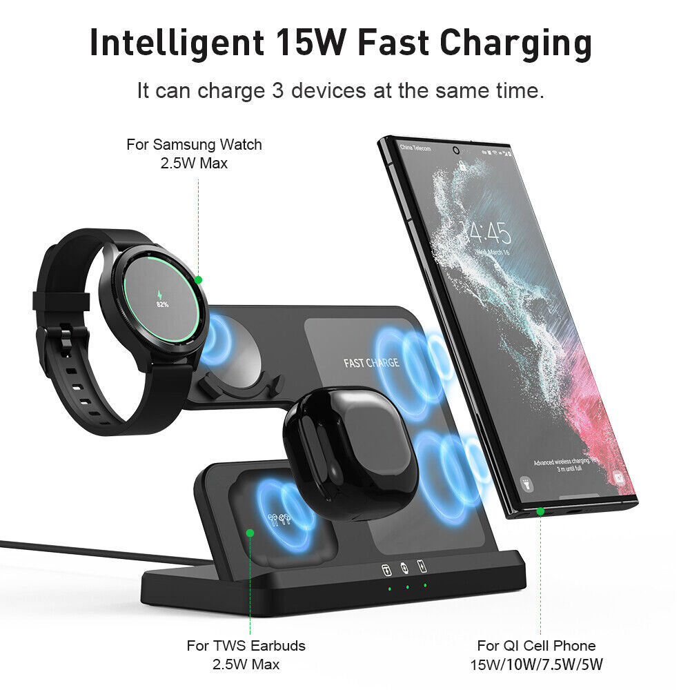 15W Wireless Smart Watch Phone Headsets Charger Dock Station 3 in 1 Hub for Galaxy Watch 4/3/Active2