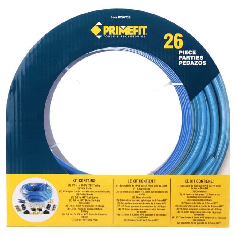 Primefit PCKIT26 Air Piping System 26-Piece Air Push to Connect Kit with 1/2-Inch x 100-Feet Nylon Tubing