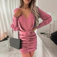 thumbnail image 2 of LLYwey Deals Clearance Wedding Dresses for Women Bride Fashion V Neck Solid Color Shirring Long Sleeve Slim Dress New Party Dresses Pinks L, 2 of 9