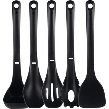 NutriChef Cooking Utensils Set - Spatula, Pasta Fork, Solid Spoon, Slotted Spoon & Tool Seat (Black)