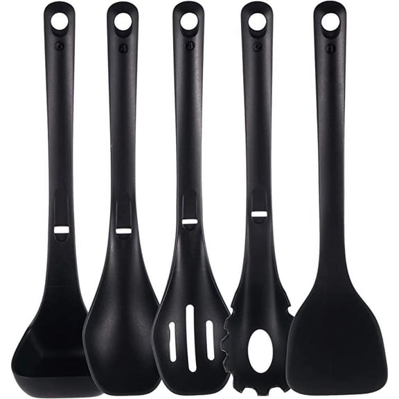 NutriChef Cooking Utensils Set - Spatula, Pasta Fork, Solid Spoon, Slotted Spoon & Tool Seat (Black)