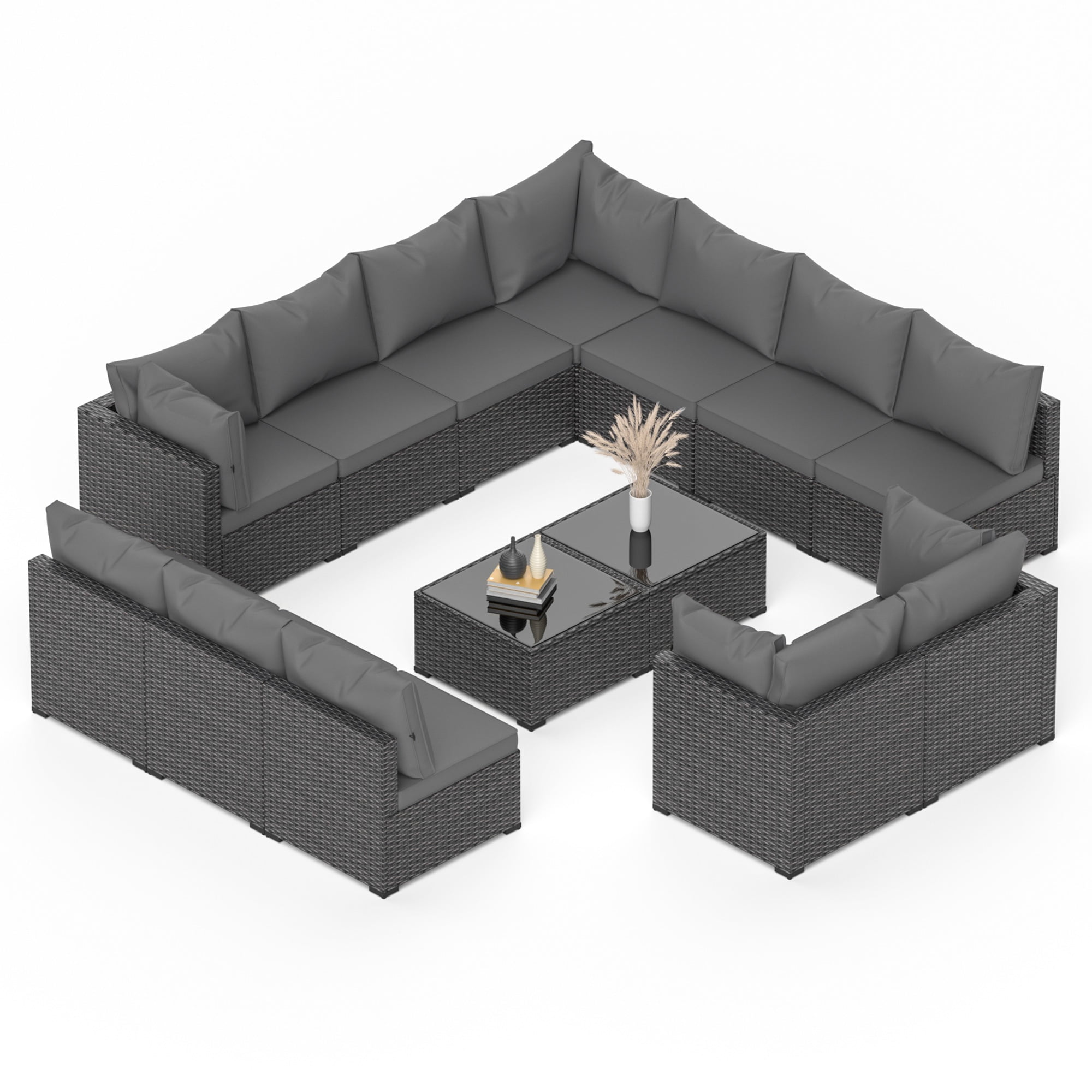 Phonjoroo Patio Furniture Set 14 Pieces Outdoor Patio Furniture Wicker Sectional Furniture Sofa Conversation Sets with Cushions All Weather Outside Patio Seating, Gray