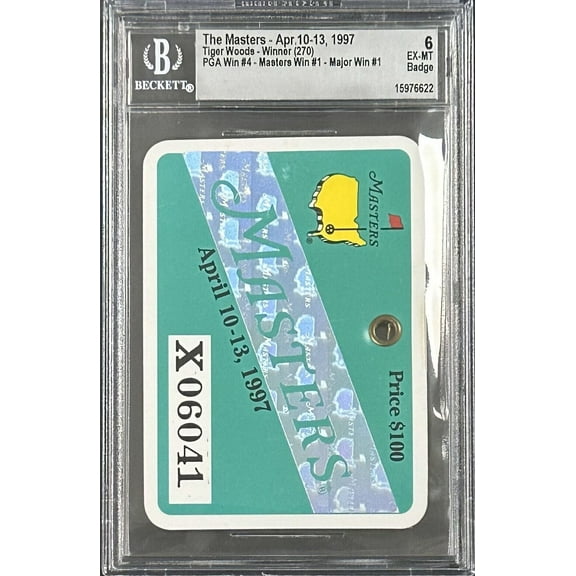 Tiger Woods 1997 Masters Badge Woods 1st Masters Win Beckett 6 EX-MT 15976622
