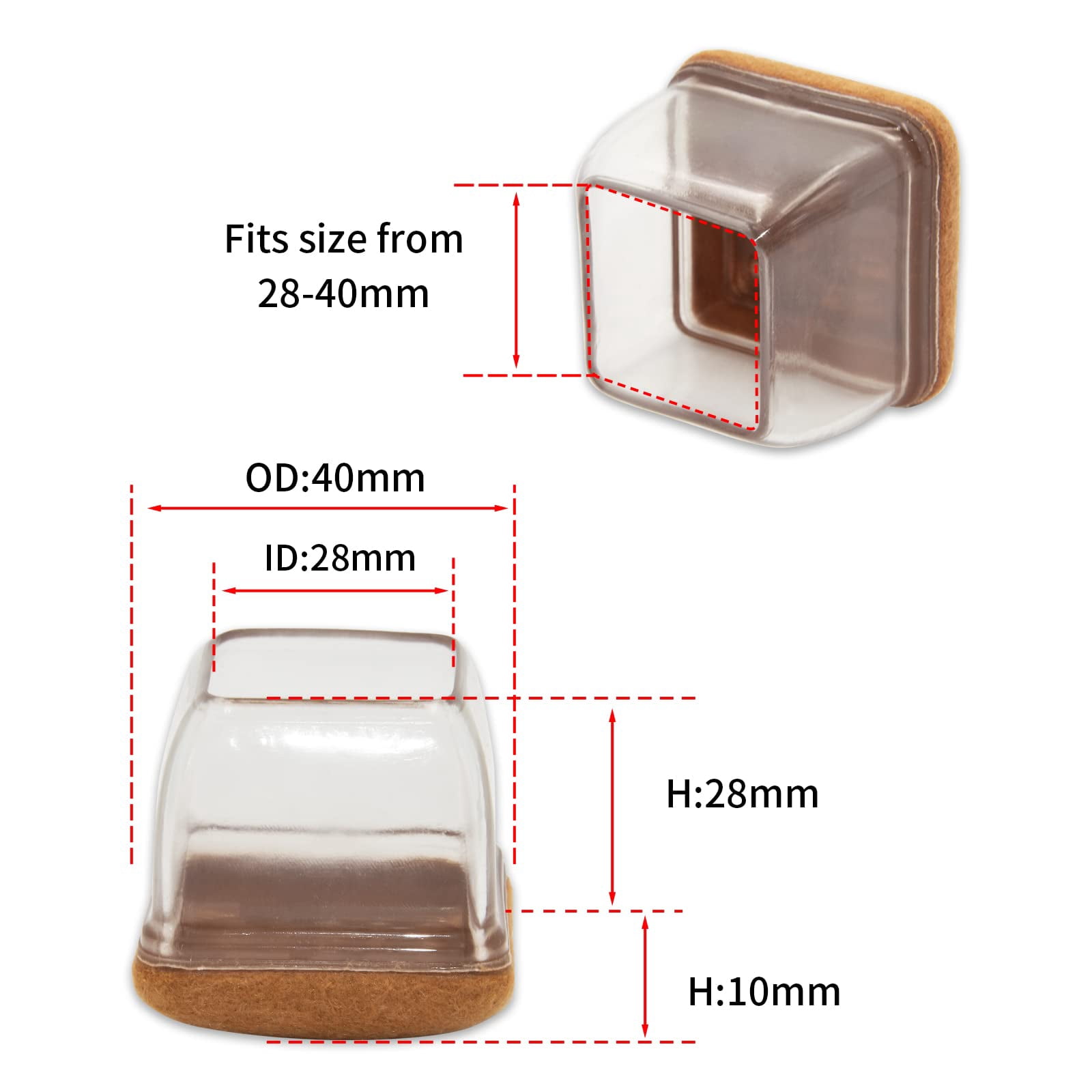 Flyshop 8PCS Square Chair Leg Caps with Felt Pads Durable Floor Protectors for Hardwood Floor Prevent Scratches Reduce Noise Foot Cap, Transparent Protective Caps, 28 to 40 mm
