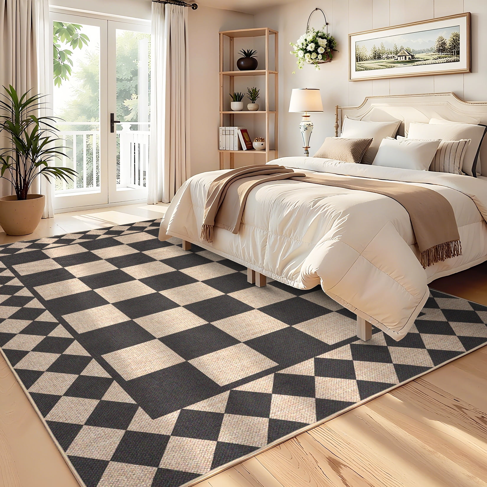 Washable Area Rug 5x7 Modern Checkered Easy Jute Rug, Non-Shedding Low Pile Indoor Outdoor Carpet, Contemporary Floor Mats, Easy Cleaning, for Bedroom, Backyard, Black White