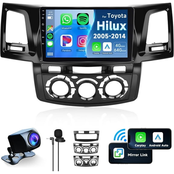 Podofo 4G 64G Android 15 Car Stereo for Toyota Hilux 2005-2014 with Wireless Carplay Android Auto, 9 Inch 1280 * 720 Touch Screen GPS/WiFi/Bluetooth 5.0/ FM/32EQ/ SWC/Backup Camera