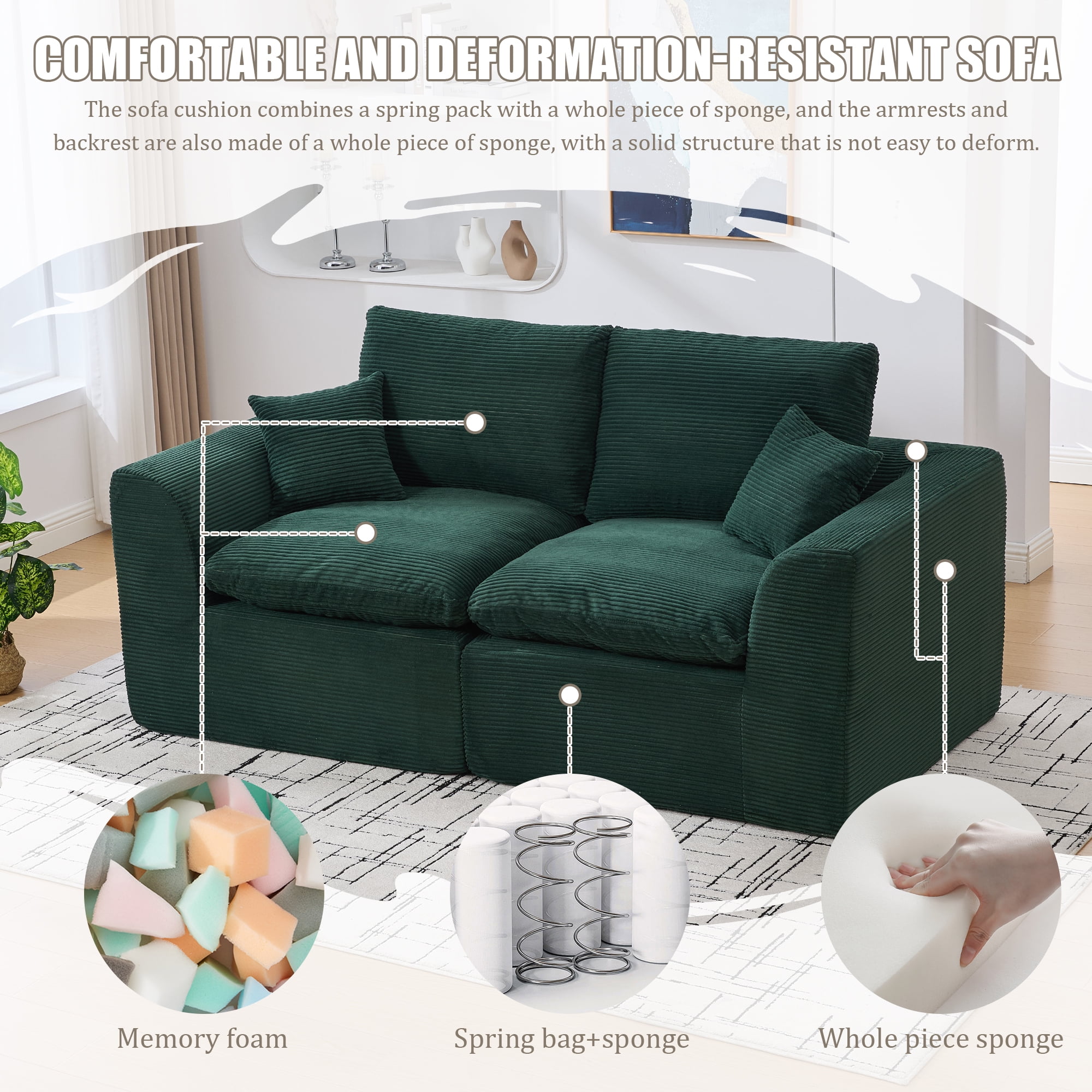 MOONMISS 80.3" Oversized Modular Sofa, Upholstered Corduroy 2 Seat Deep Seat Cloud Couch for Living Room Bedroom, No Assembly Required, Emerald