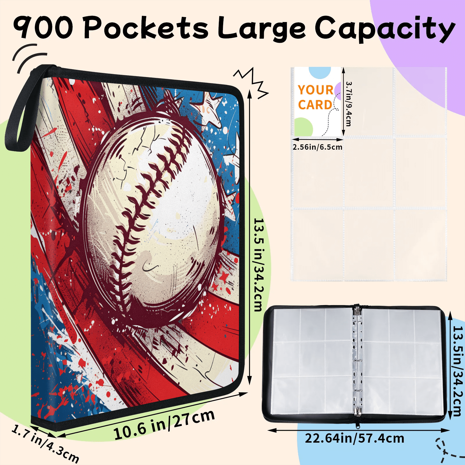 400 Pocket Baseball Card Binder with 50 Sleeves, 4 Pocket PU Leather Trading Card Binder for Sports Game Cards Collector Album