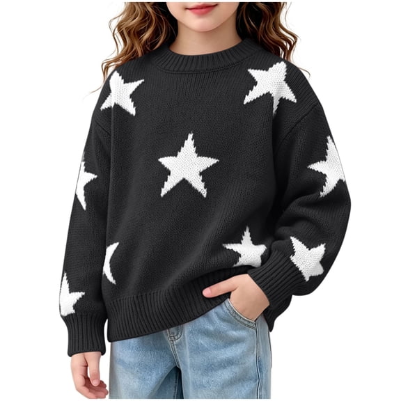 CYRBOKO Girls Sweaters, Long Sleeve Loose Fit Pullover Winter Warm Knitted Tops for Girls Black Size 6-8 T