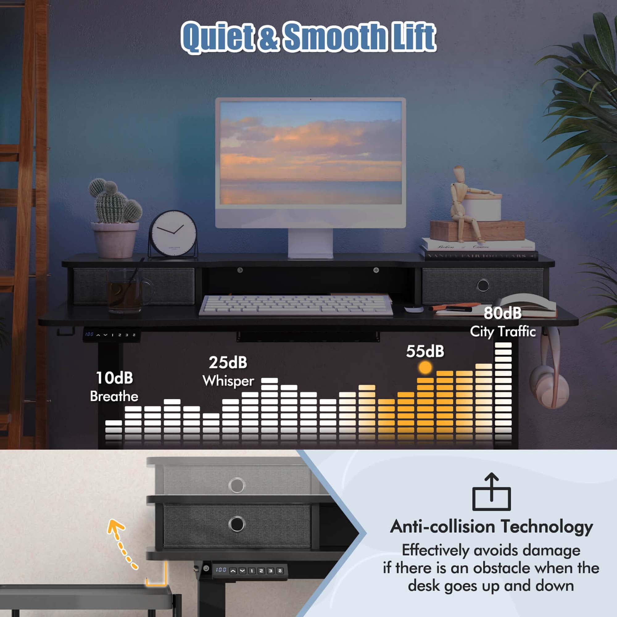 Costway 48"x 24" Electric Standing Desk with 2 Drawers Monitor Stand Storage Shelf Black